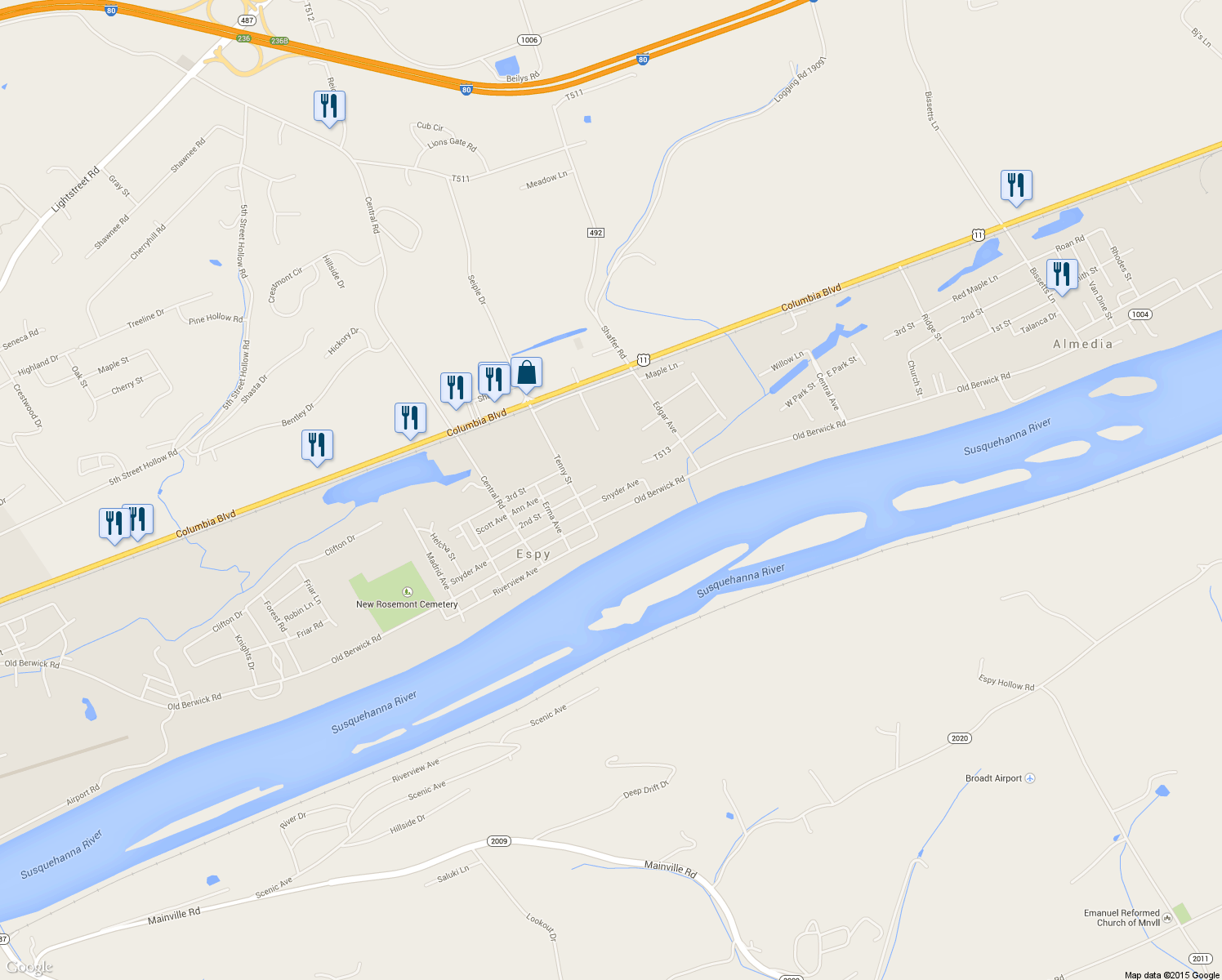 map of restaurants, bars, coffee shops, grocery stores, and more near 2612 Snyder Ave in Bloomsburg