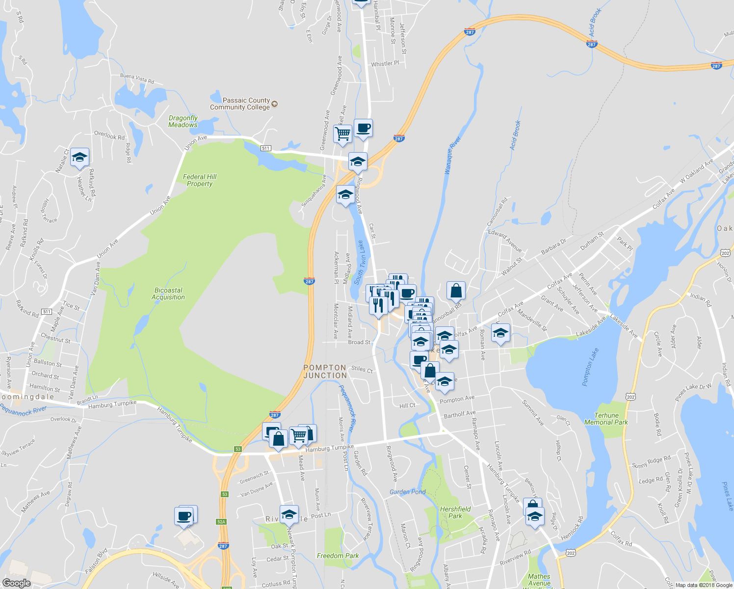 map of restaurants, bars, coffee shops, grocery stores, and more near 20 Albert Street in Pompton Lakes