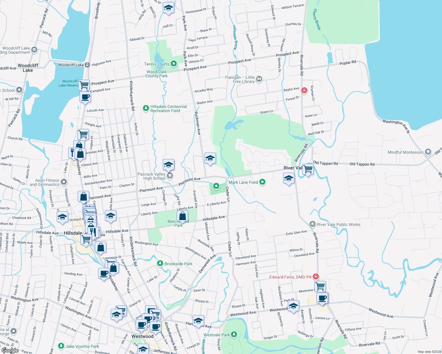 map of restaurants, bars, coffee shops, grocery stores, and more near 50 Piermont Avenue in Hillsdale