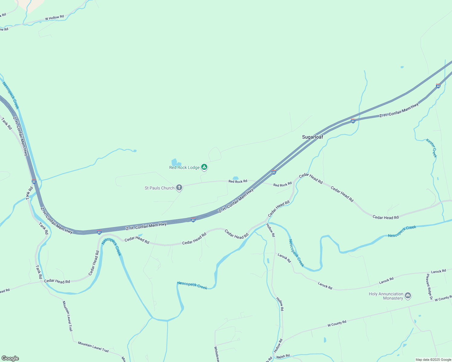 map of restaurants, bars, coffee shops, grocery stores, and more near Red Rock Road in Sugarloaf