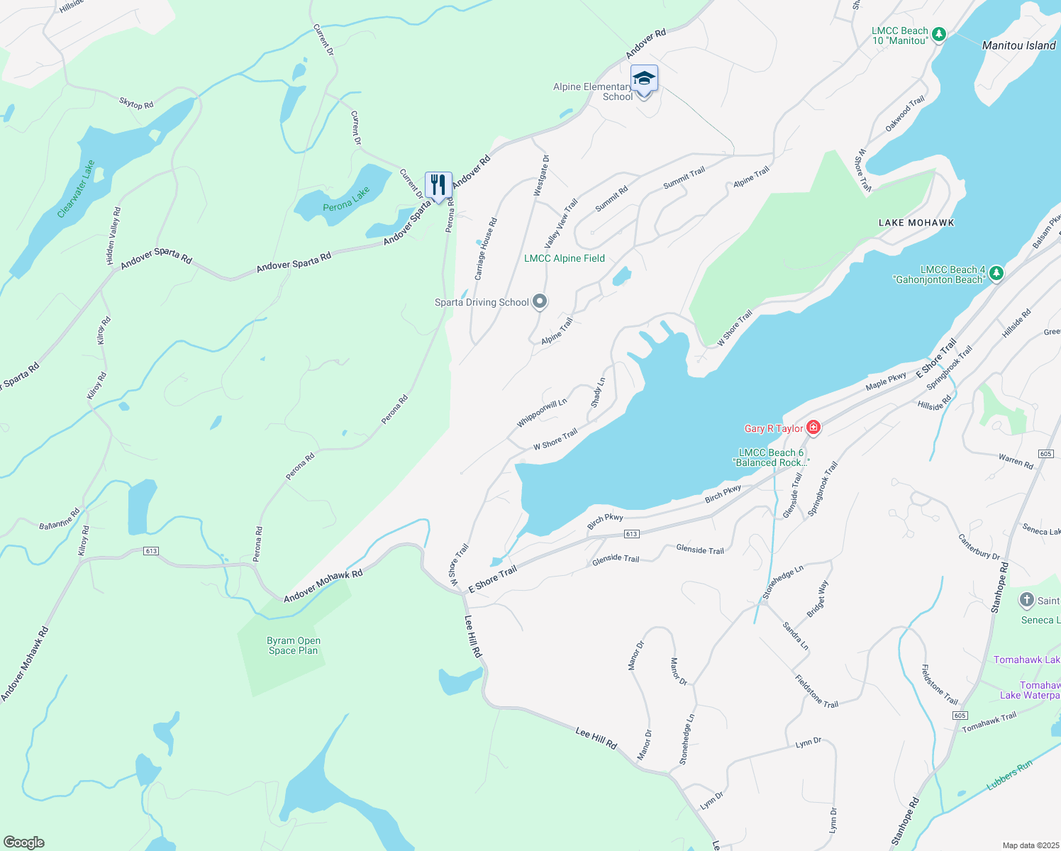 map of restaurants, bars, coffee shops, grocery stores, and more near 725 West Shore Trail in Sparta