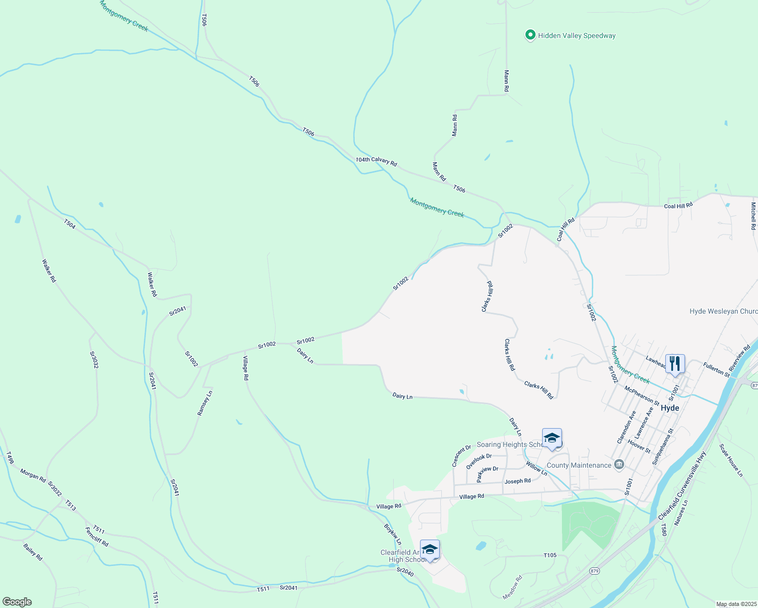 map of restaurants, bars, coffee shops, grocery stores, and more near 1213 Carrs Hill in Clearfield
