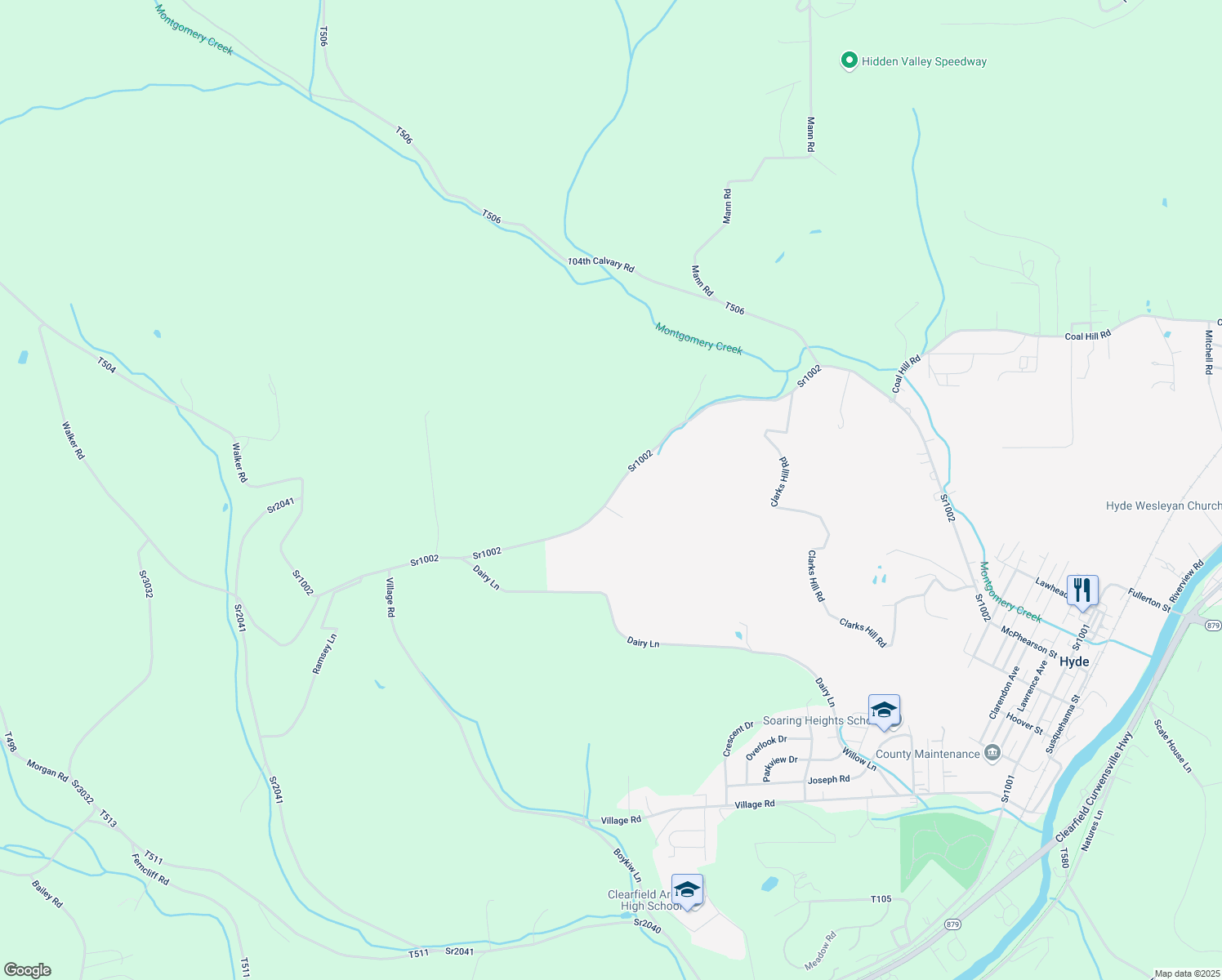 map of restaurants, bars, coffee shops, grocery stores, and more near 1213 Carrs Hill in Clearfield