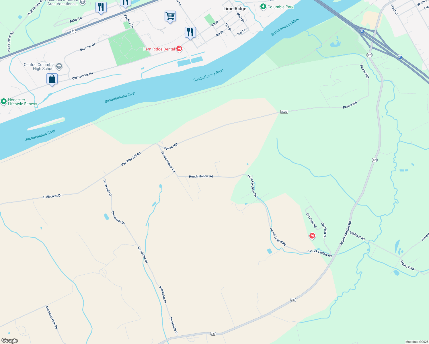 map of restaurants, bars, coffee shops, grocery stores, and more near 127 Houck Hollow Road in Bloomsburg
