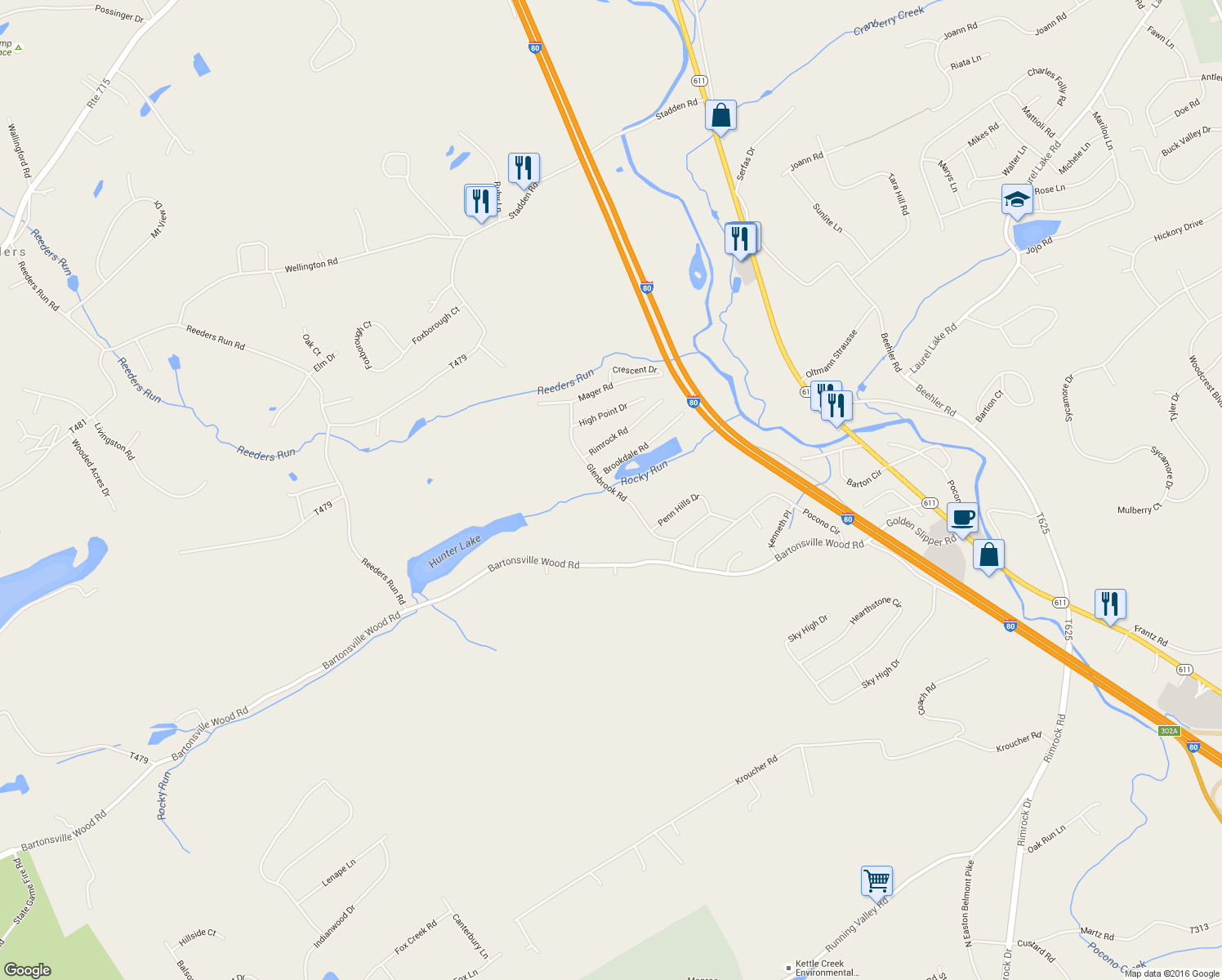 map of restaurants, bars, coffee shops, grocery stores, and more near Glenbrook Road in Bartonsville