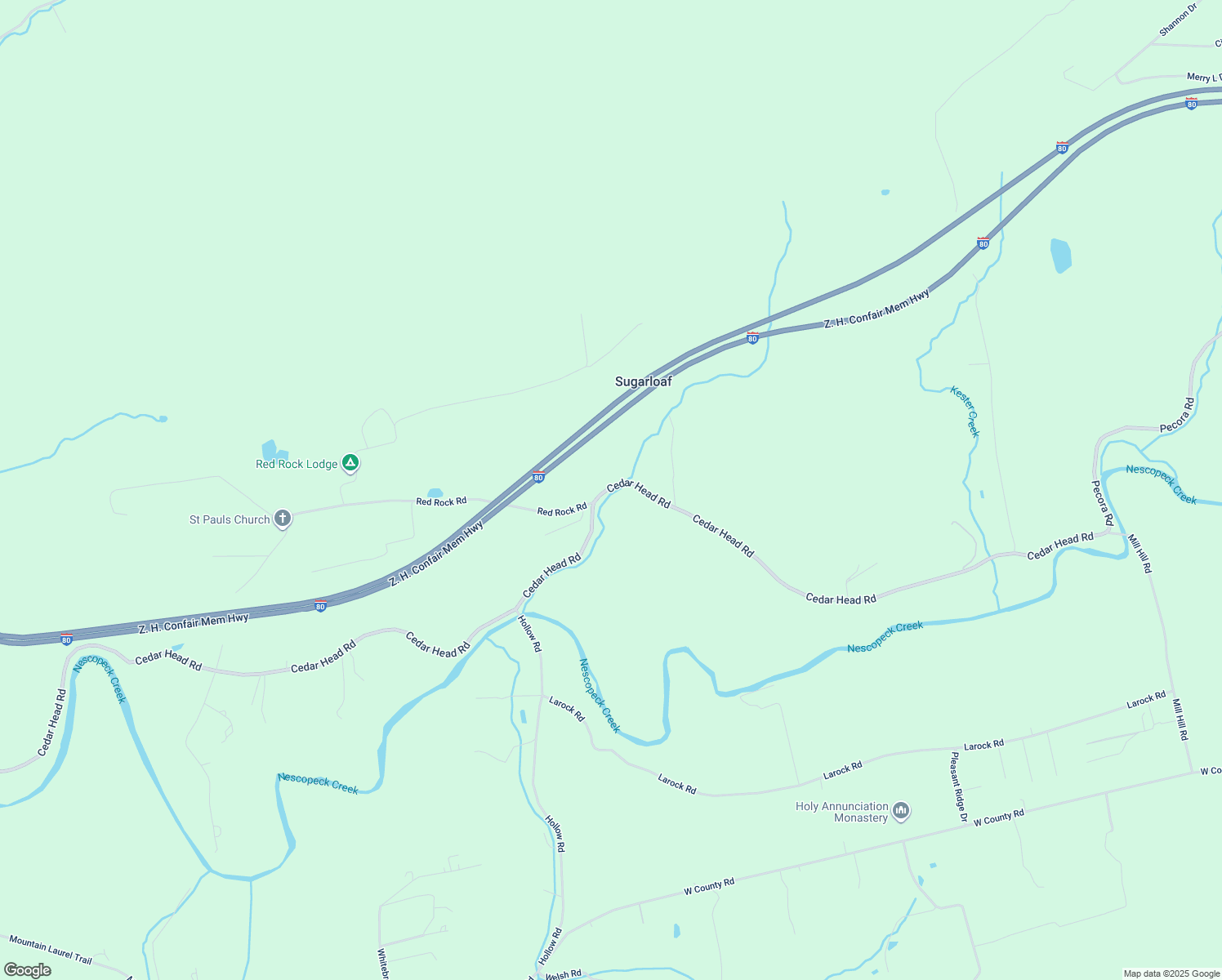 map of restaurants, bars, coffee shops, grocery stores, and more near Red Rock Road in Sugarloaf