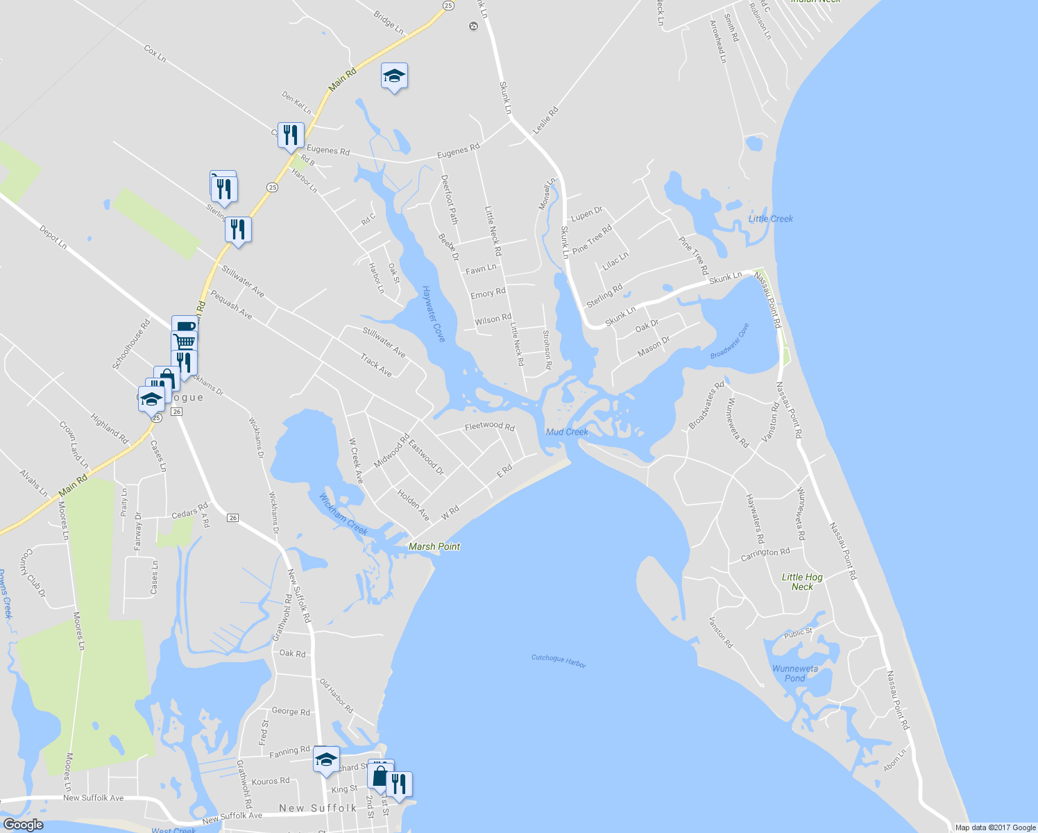 map of restaurants, bars, coffee shops, grocery stores, and more near 1285 Fleetwood Road in Cutchogue