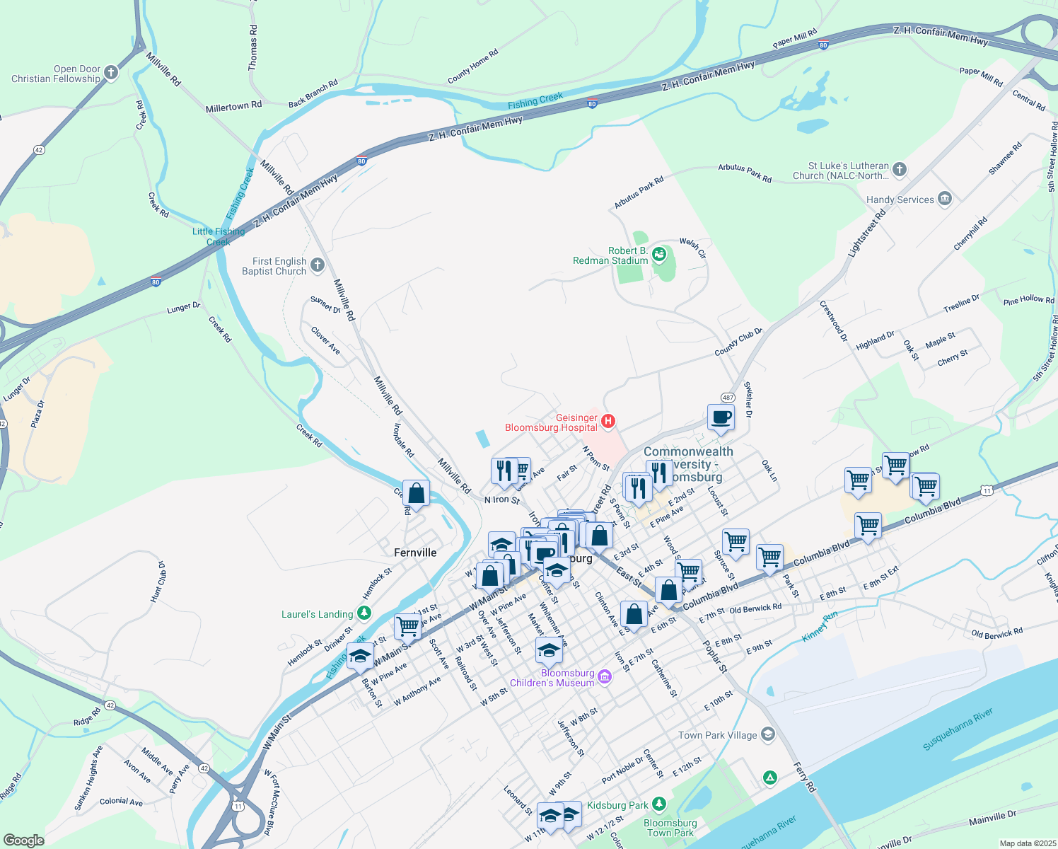 map of restaurants, bars, coffee shops, grocery stores, and more near 275 Wirt St in Bloomsburg