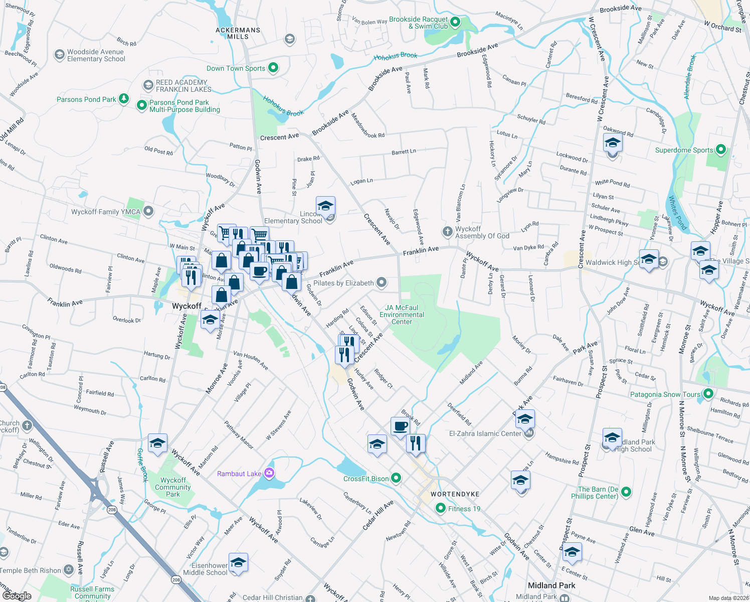 map of restaurants, bars, coffee shops, grocery stores, and more near 112 Wood St in Wyckoff