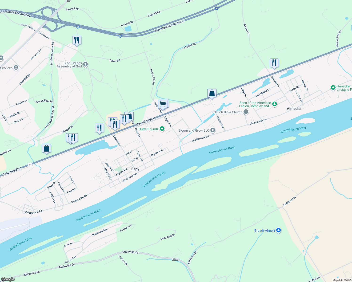 map of restaurants, bars, coffee shops, grocery stores, and more near 2880 White Birch Ln in Bloomsburg