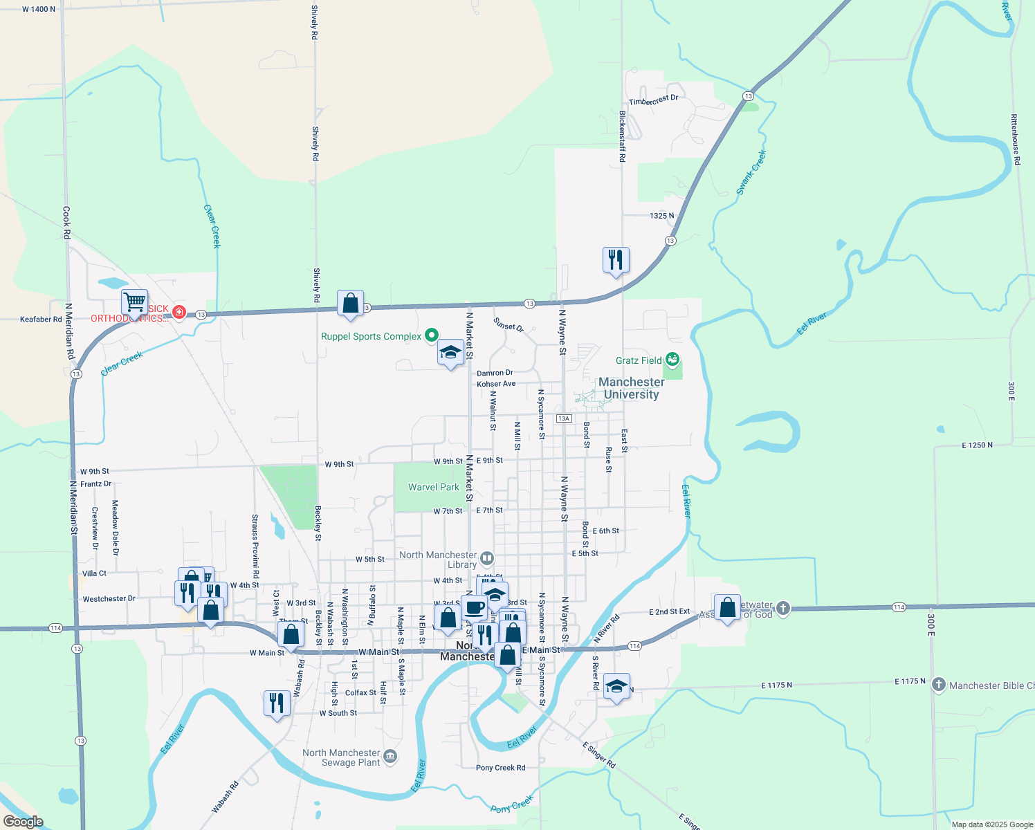map of restaurants, bars, coffee shops, grocery stores, and more near 999 N Mill St in North Manchester