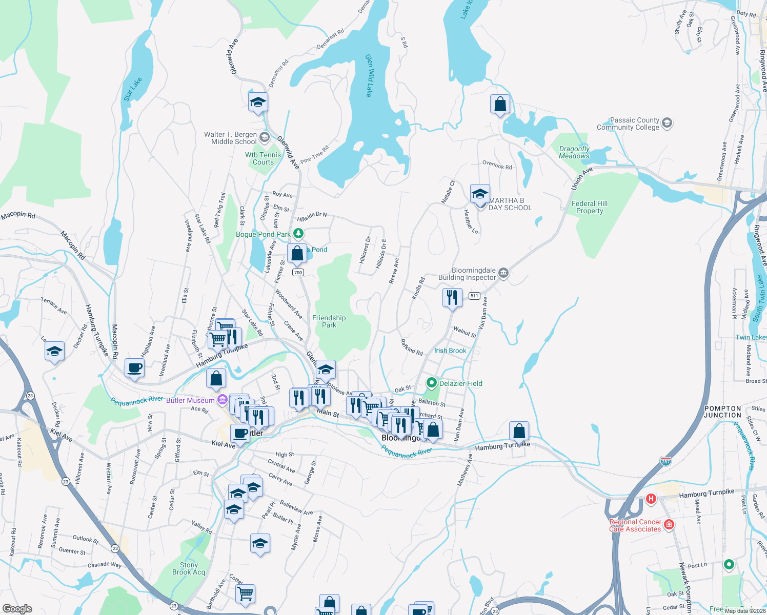 map of restaurants, bars, coffee shops, grocery stores, and more near 128 Reeve Avenue in Bloomingdale