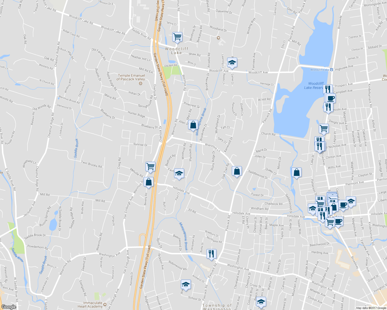 map of restaurants, bars, coffee shops, grocery stores, and more near 49 Plymouth Road in Hillsdale