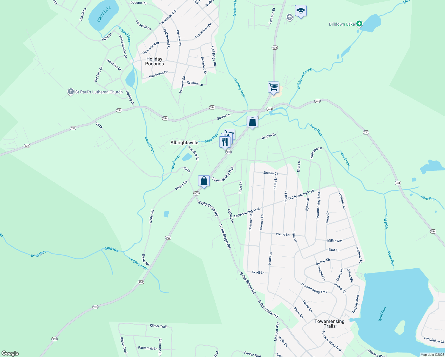map of restaurants, bars, coffee shops, grocery stores, and more near 397 Towamensing Trail in Albrightsville