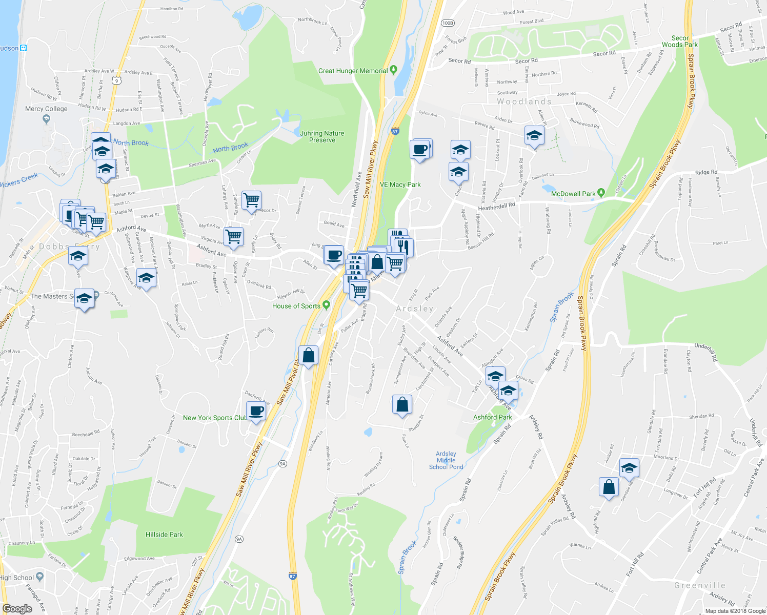 map of restaurants, bars, coffee shops, grocery stores, and more near 1 Lakeview Avenue in Ardsley