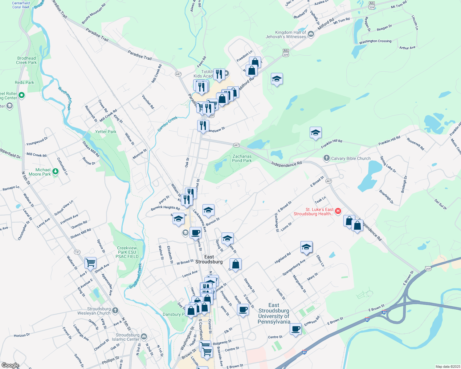 map of restaurants, bars, coffee shops, grocery stores, and more near 120 Jade Avenue in East Stroudsburg