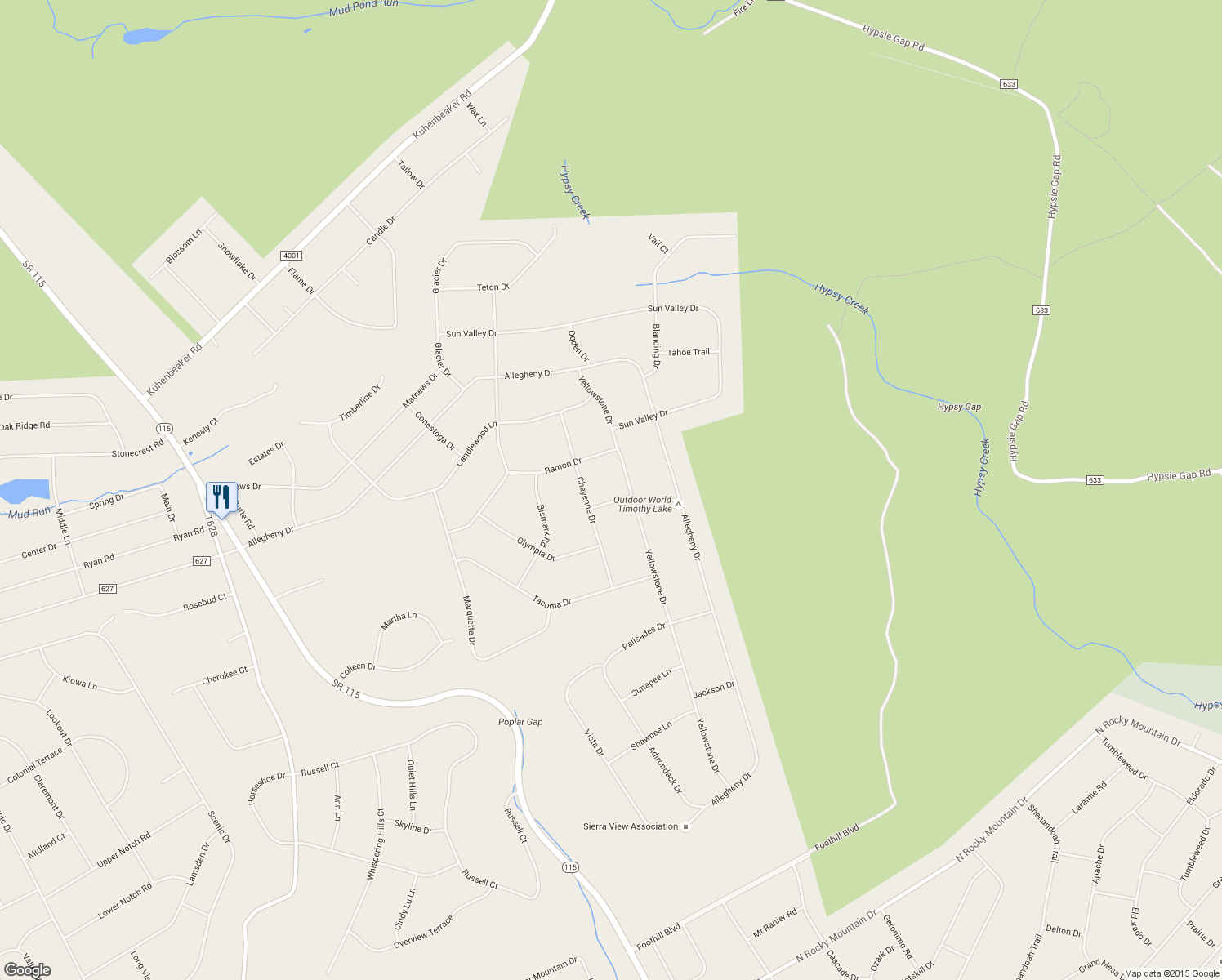 map of restaurants, bars, coffee shops, grocery stores, and more near 2726 Whitmore Lane in Blakeslee