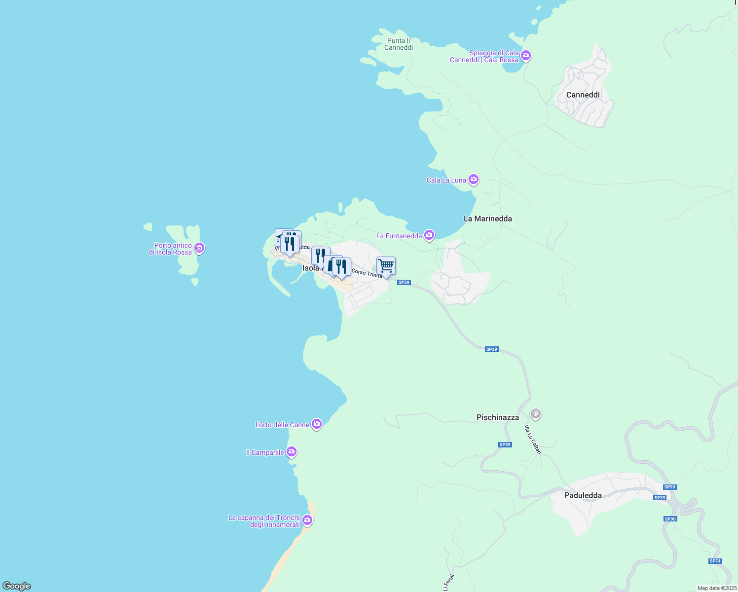 map of restaurants, bars, coffee shops, grocery stores, and more near 30 Via alla Fontanella in Isola Rossa