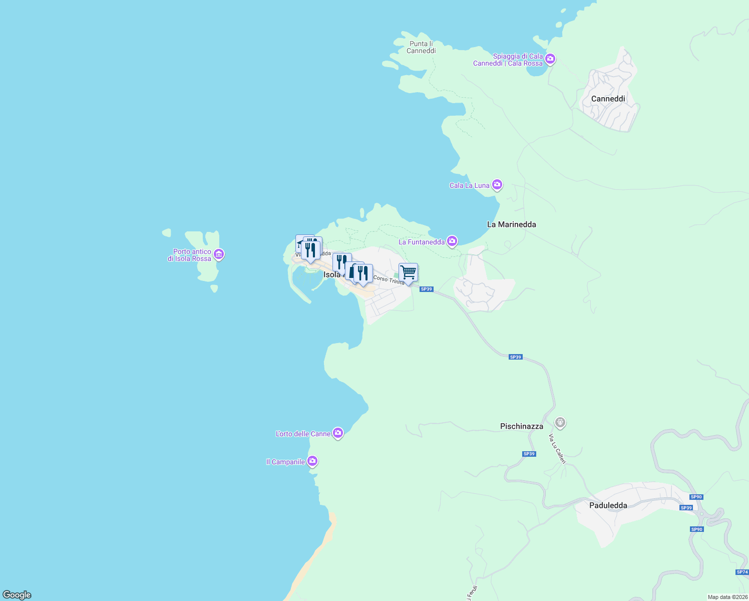map of restaurants, bars, coffee shops, grocery stores, and more near 1 Via Discesa alla Spiaggia in Isola Rossa
