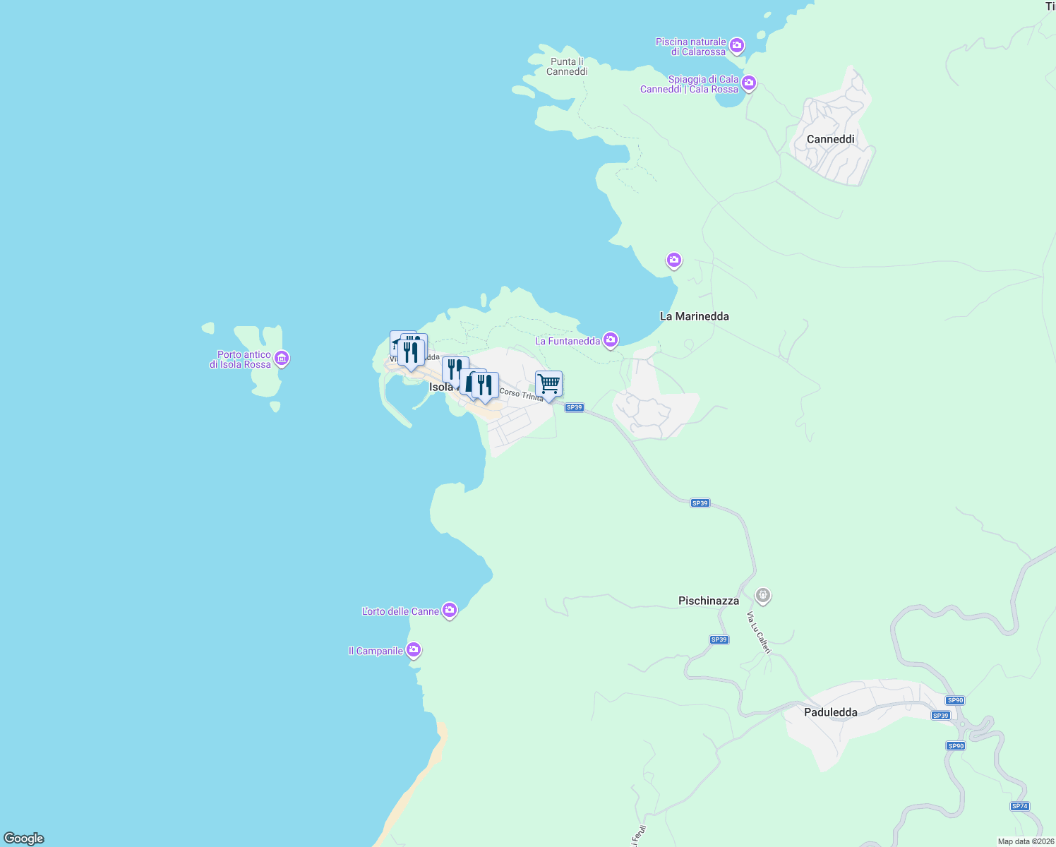 map of restaurants, bars, coffee shops, grocery stores, and more near 31 Via Rinaggiu in Isola Rossa