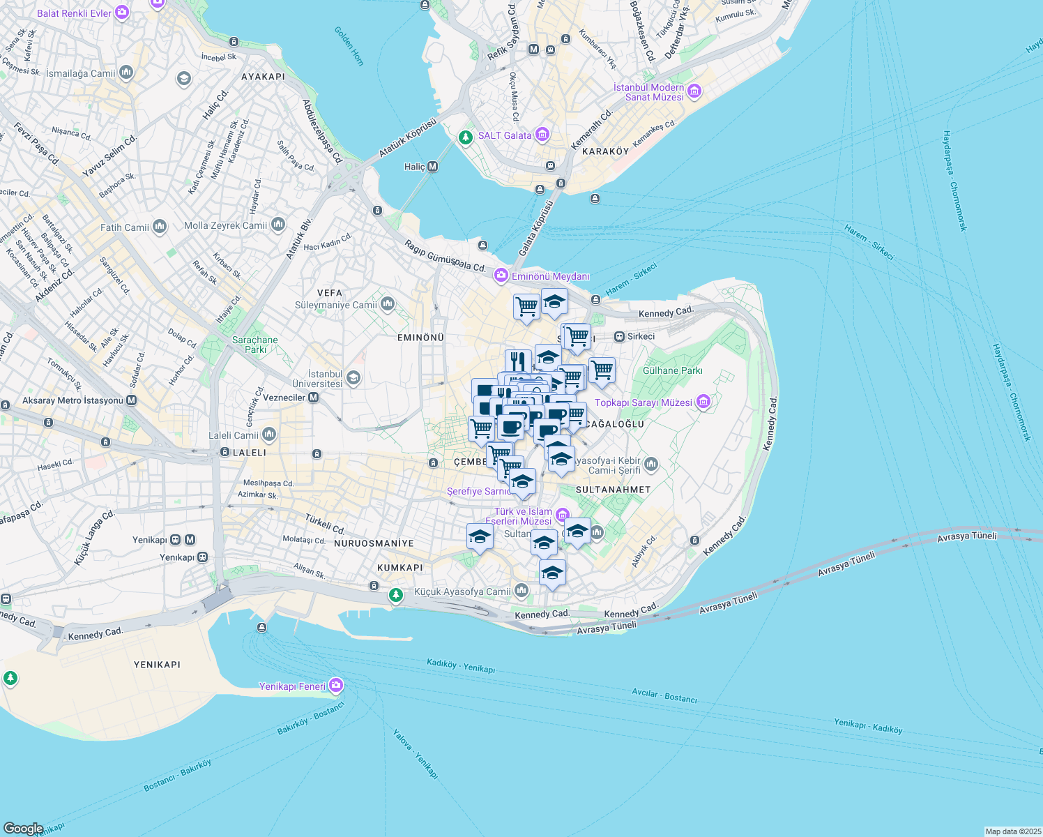 map of restaurants, bars, coffee shops, grocery stores, and more near 1 Bezciler Sokak in Fatih