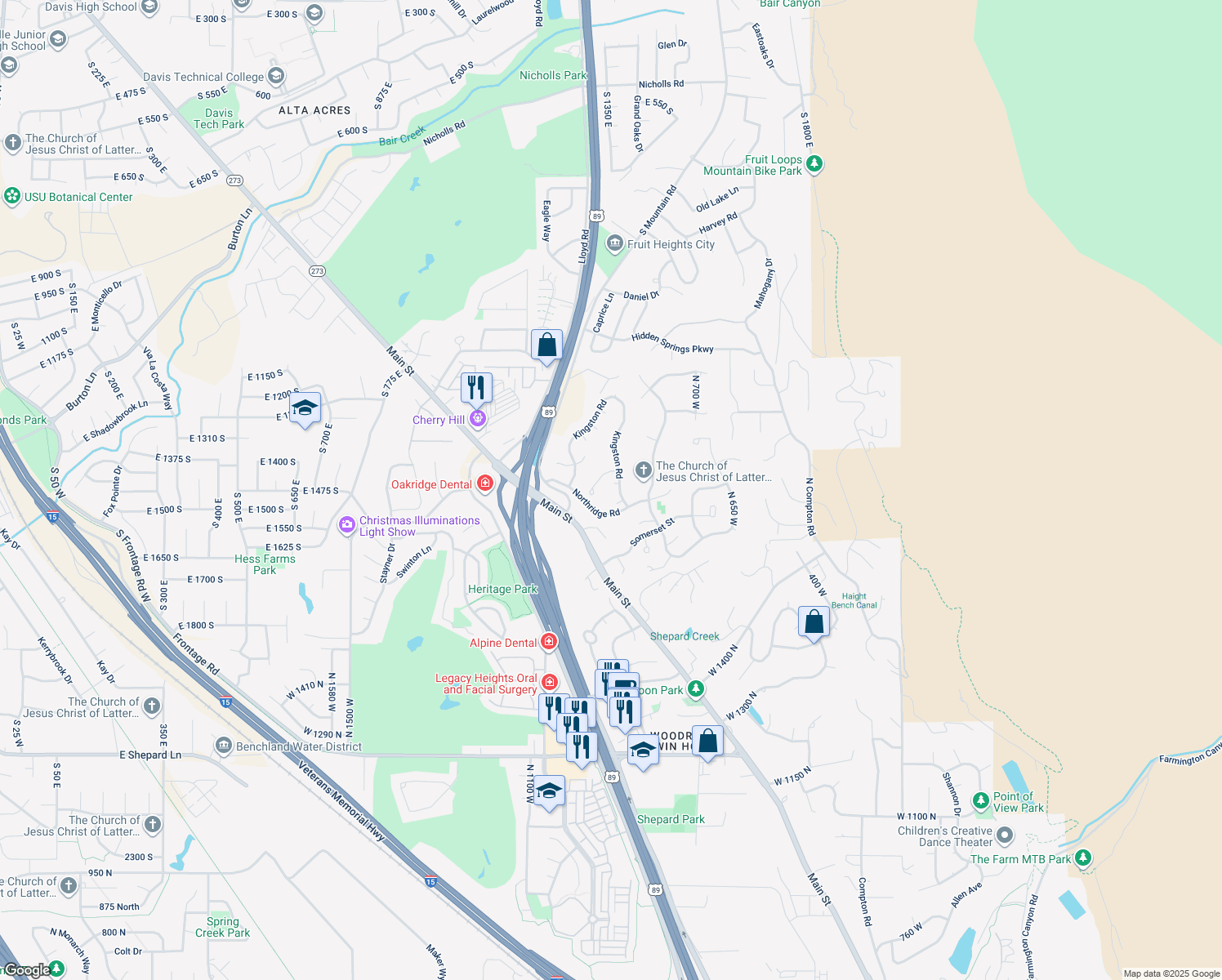 map of restaurants, bars, coffee shops, grocery stores, and more near 907 Thames Court in Farmington