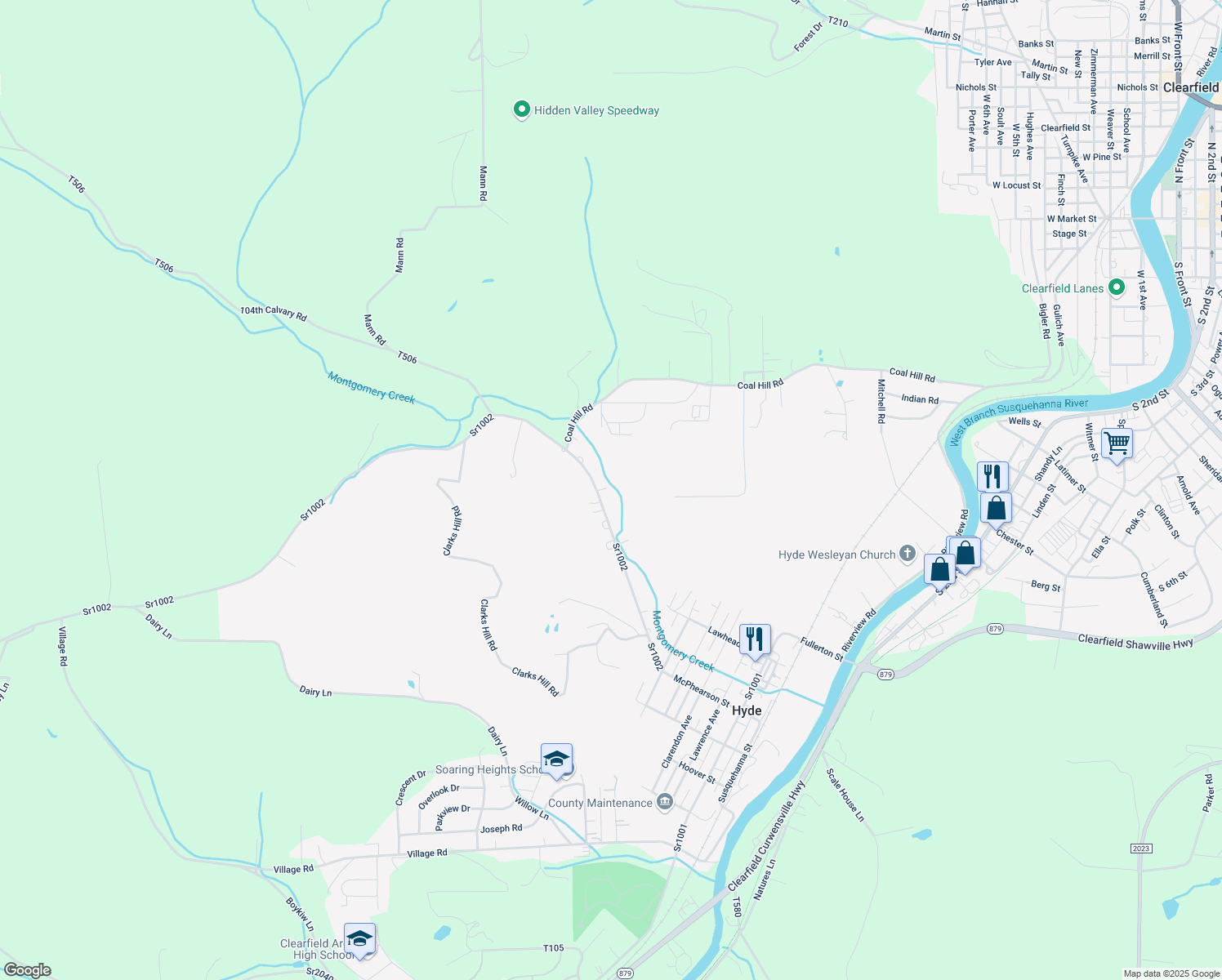 map of restaurants, bars, coffee shops, grocery stores, and more near 2289 Montgomery Run Road in Clearfield