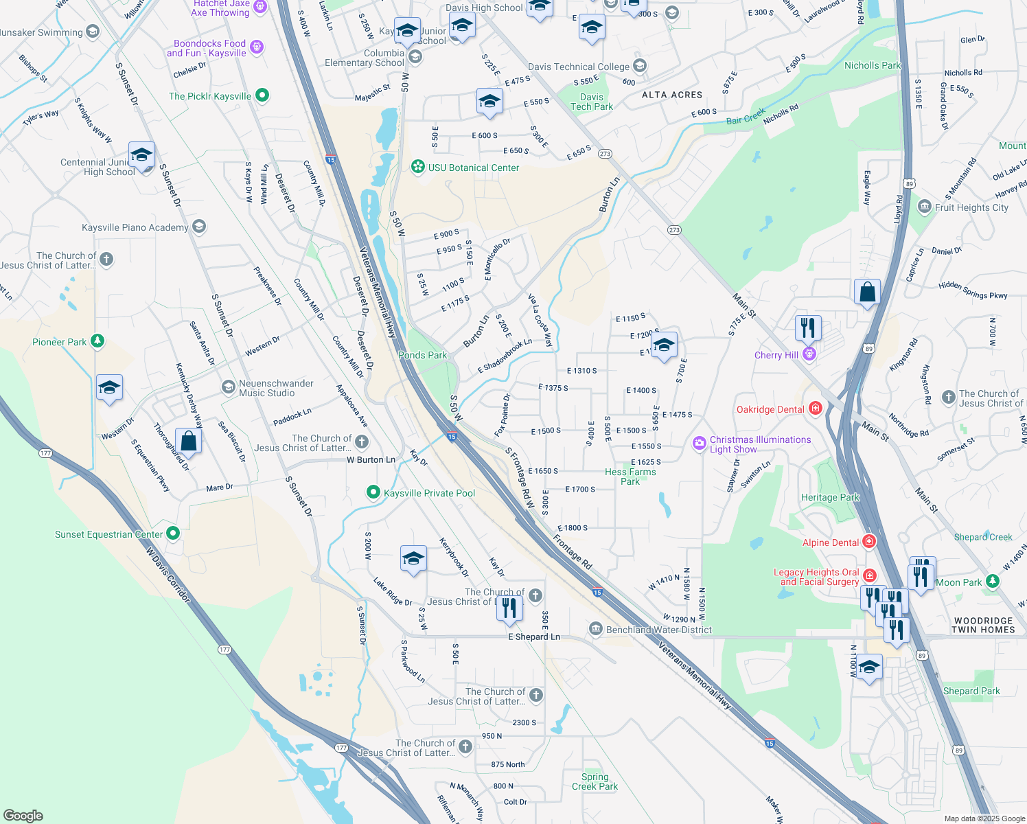 map of restaurants, bars, coffee shops, grocery stores, and more near 255 E 1475 S in Kaysville