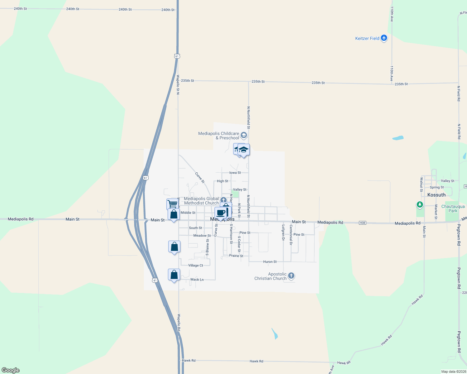 map of restaurants, bars, coffee shops, grocery stores, and more near 707 Valley St in Mediapolis