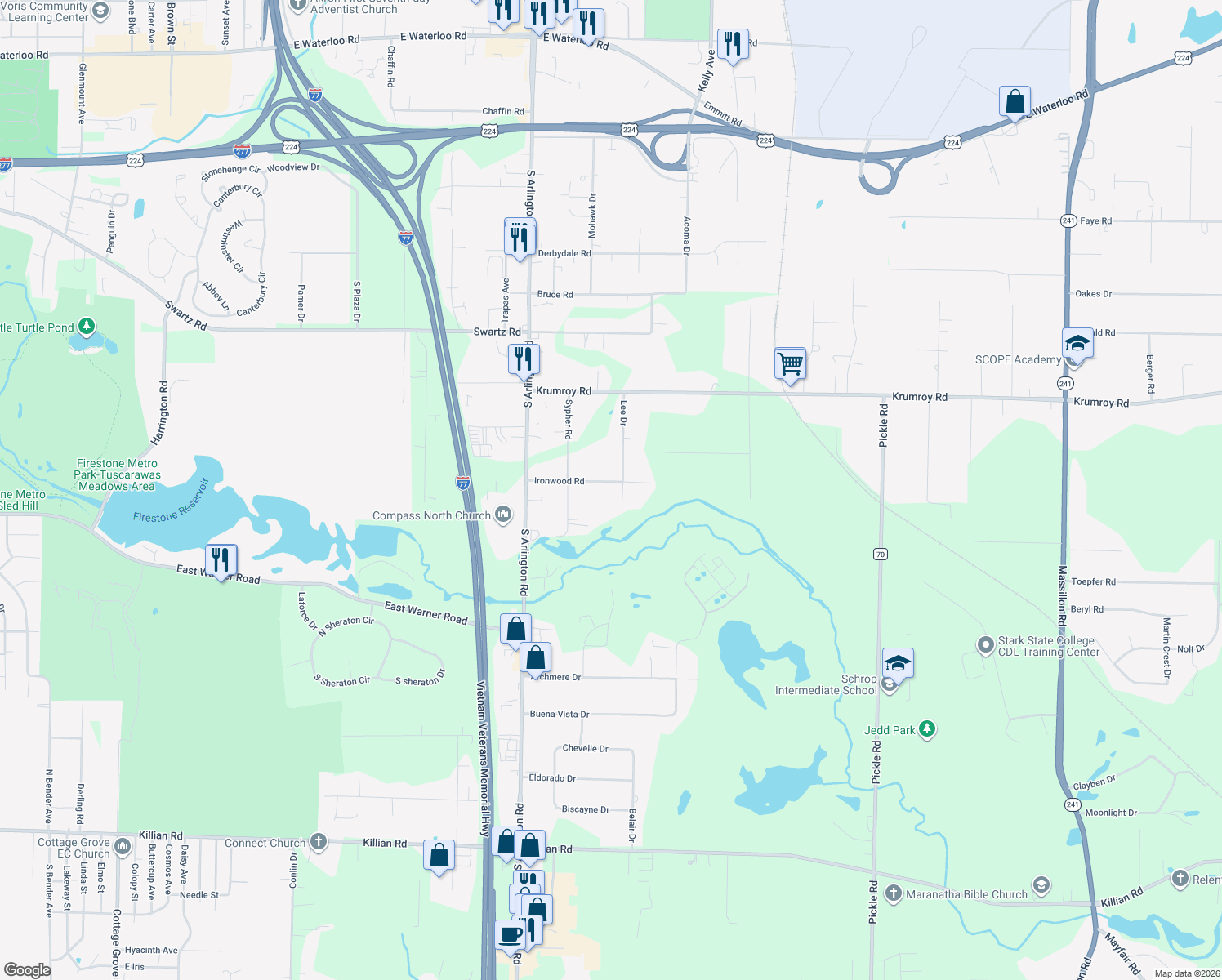 map of restaurants, bars, coffee shops, grocery stores, and more near 1026 Ironwood Road in Akron
