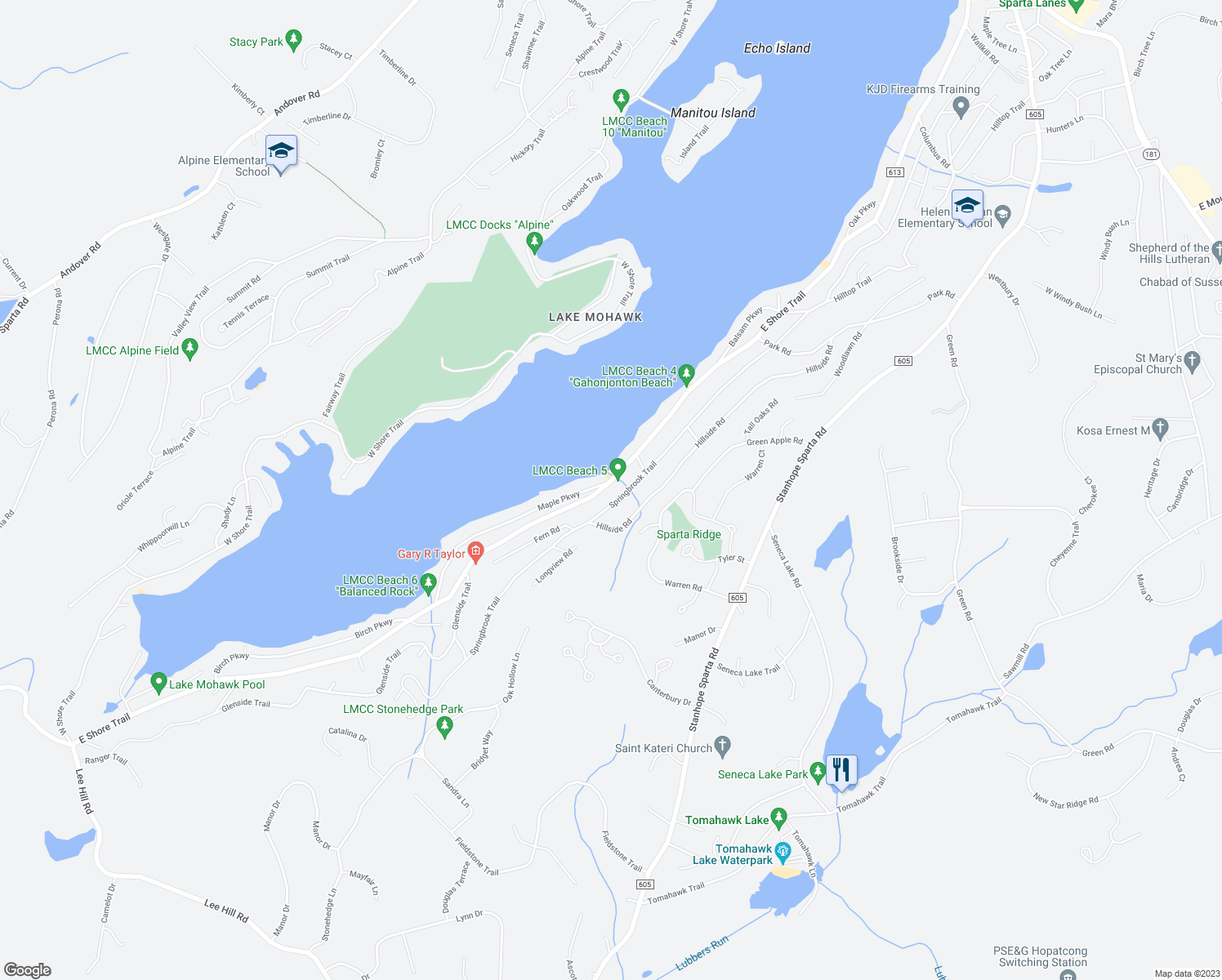 map of restaurants, bars, coffee shops, grocery stores, and more near 299 East Shore Trail in Sparta