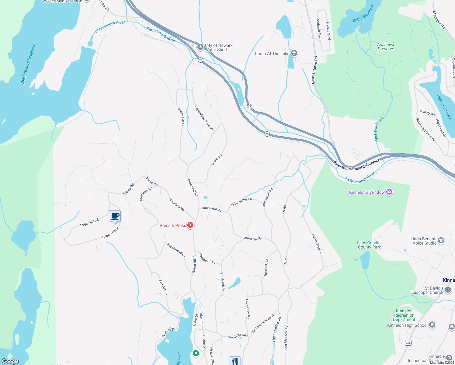 map of restaurants, bars, coffee shops, grocery stores, and more near 388 Ski Trail in Kinnelon