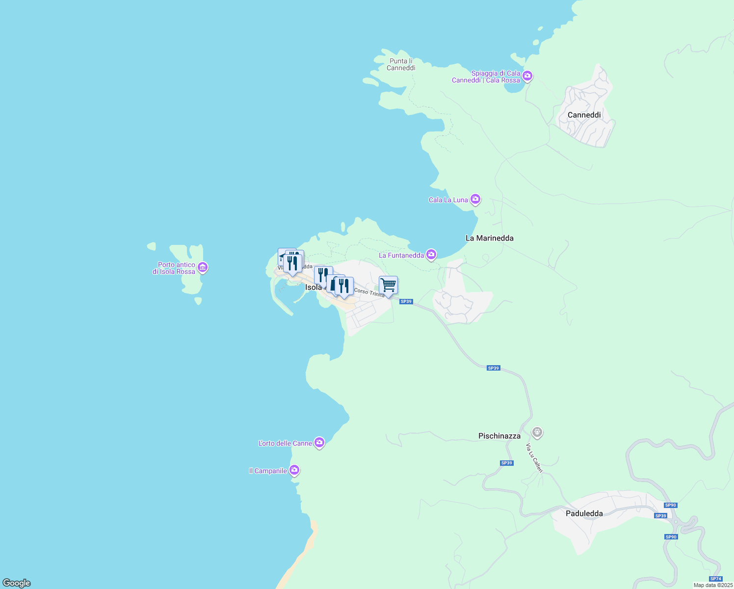 map of restaurants, bars, coffee shops, grocery stores, and more near 68 SP39 in Isola Rossa
