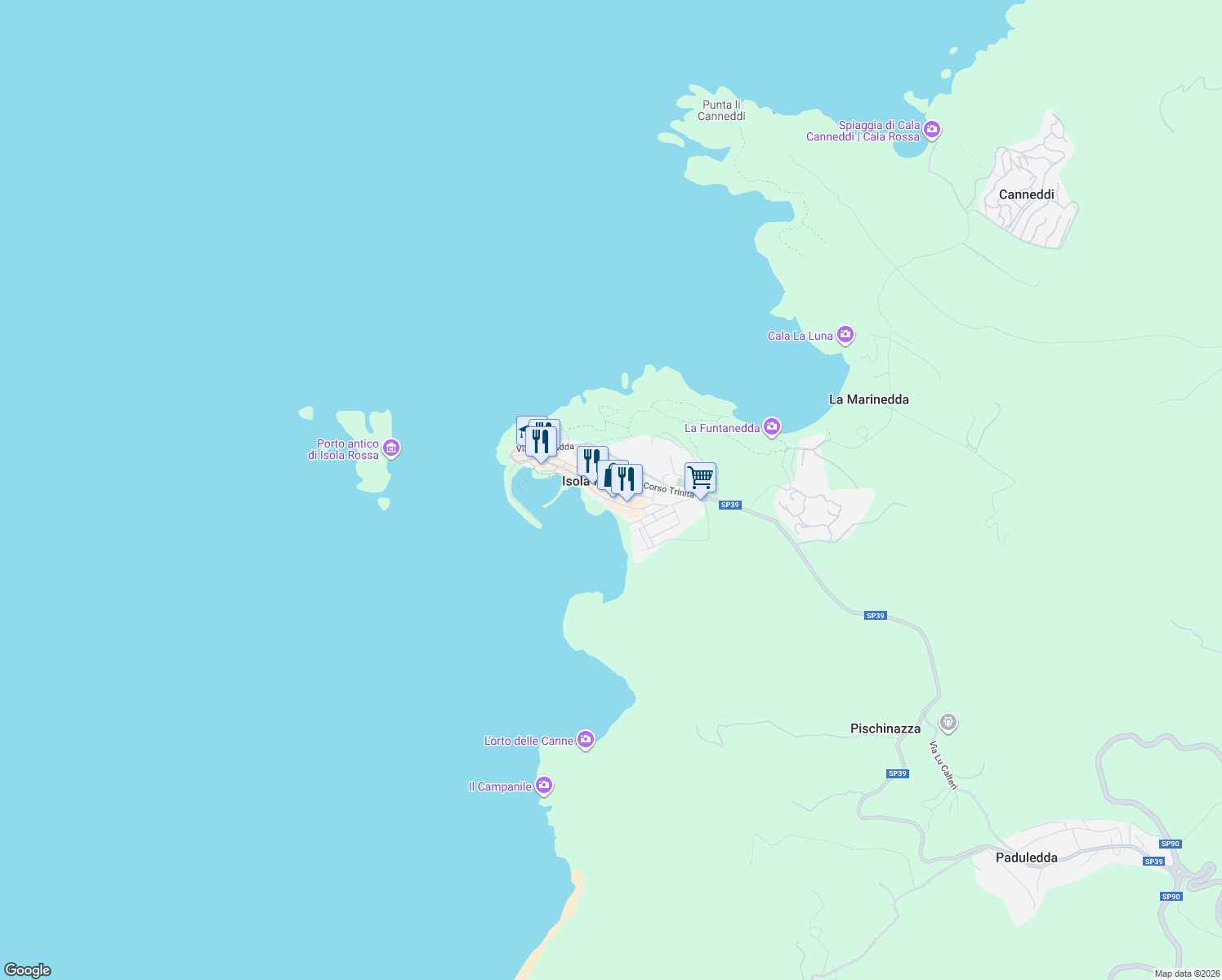 map of restaurants, bars, coffee shops, grocery stores, and more near 1 Via Discesa alla Spiaggia in Isola Rossa
