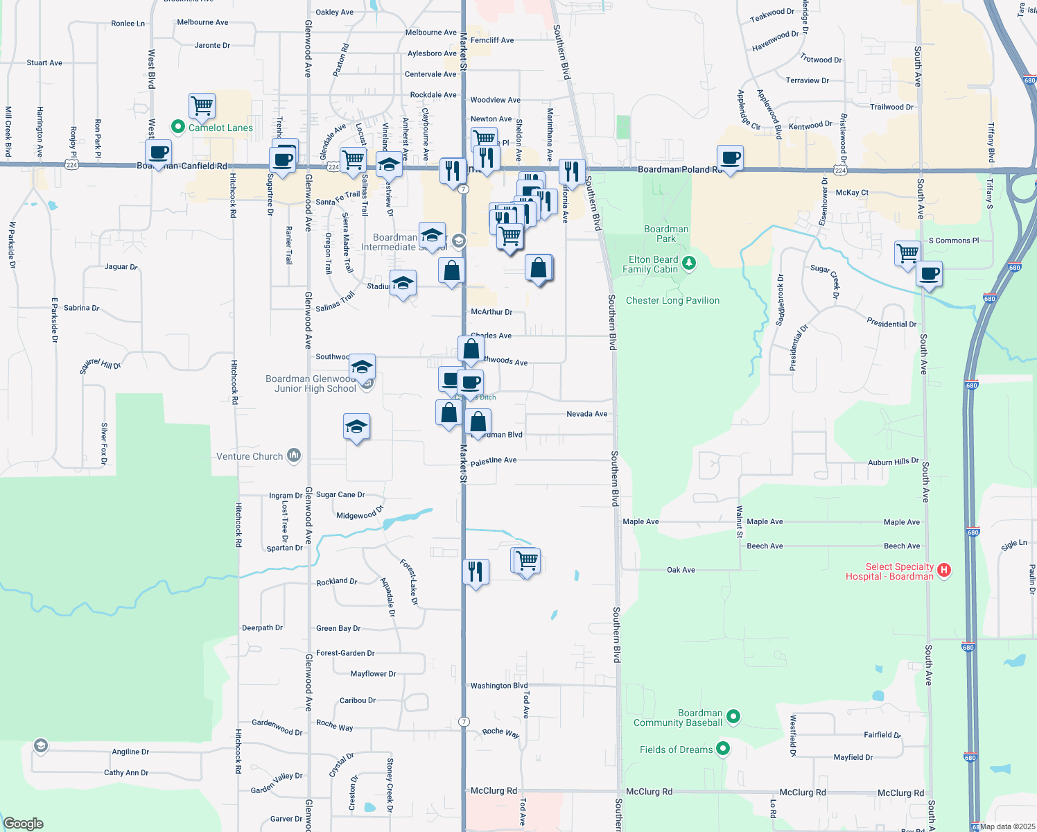 map of restaurants, bars, coffee shops, grocery stores, and more near 7732 Tod Avenue in Youngstown