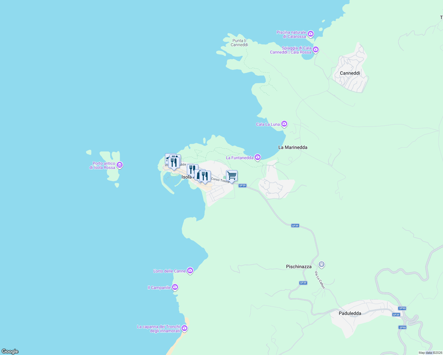 map of restaurants, bars, coffee shops, grocery stores, and more near in Isola Rossa