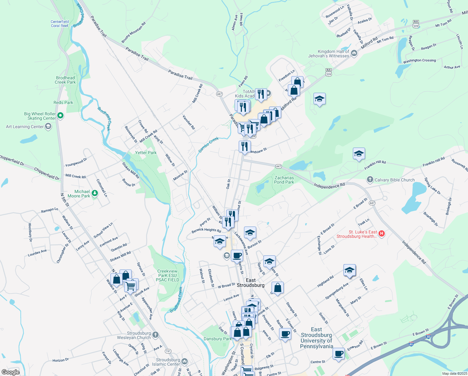 map of restaurants, bars, coffee shops, grocery stores, and more near 507 North Courtland Street in East Stroudsburg