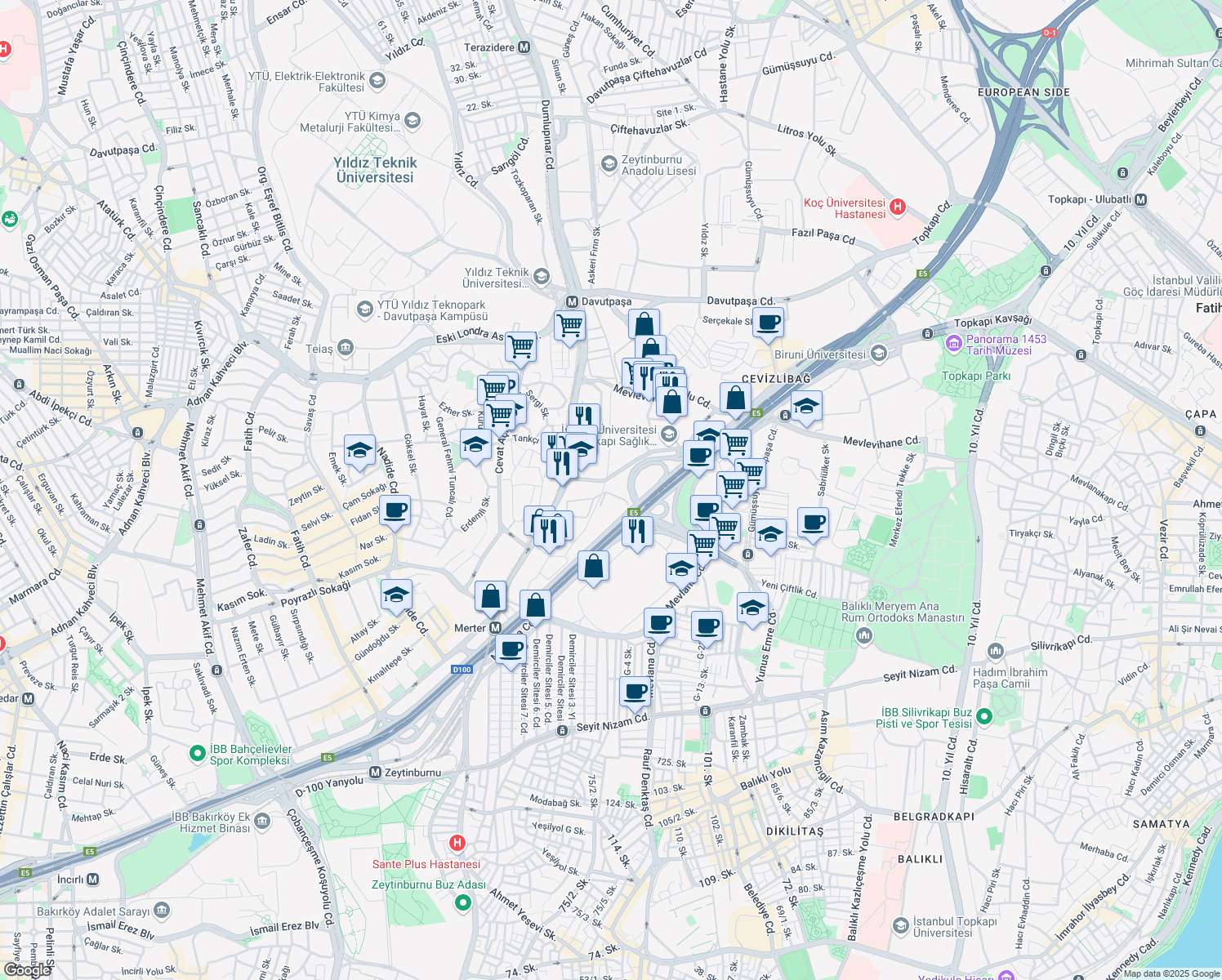 map of restaurants, bars, coffee shops, grocery stores, and more near 8 Cevizlibağ Köprüsü in Zeytinburnu