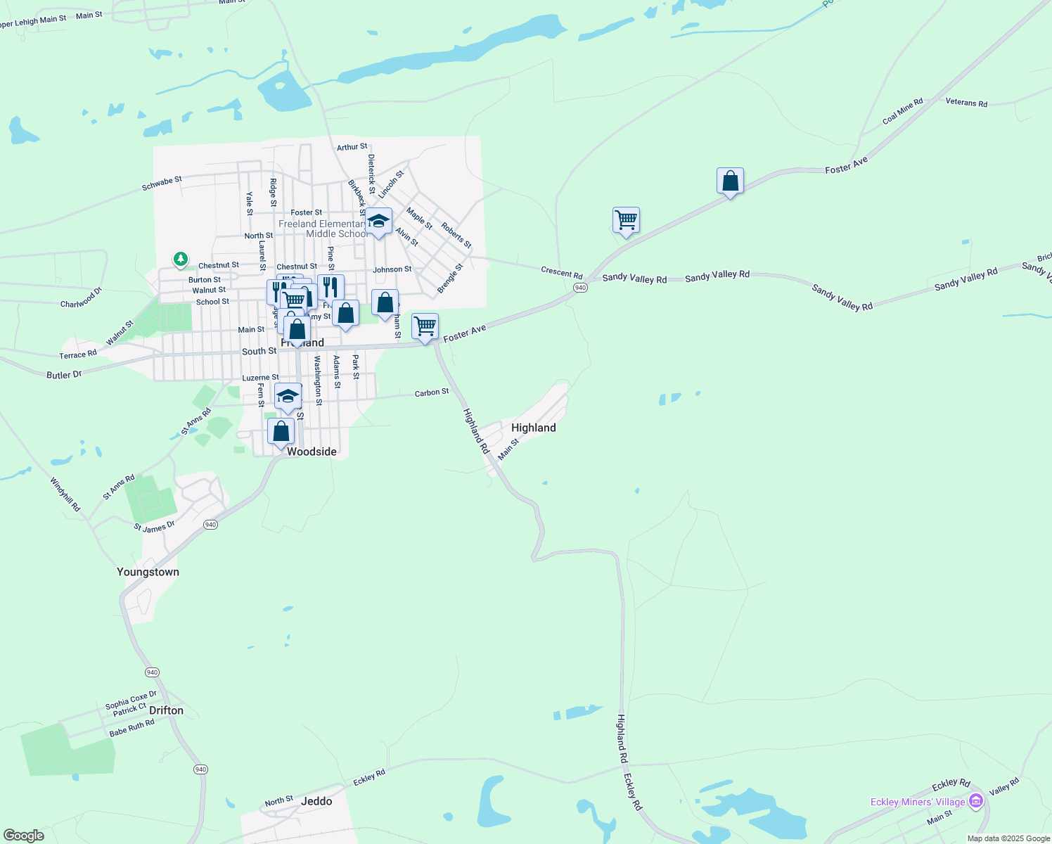 map of restaurants, bars, coffee shops, grocery stores, and more near 234 Highland Main Street in Freeland