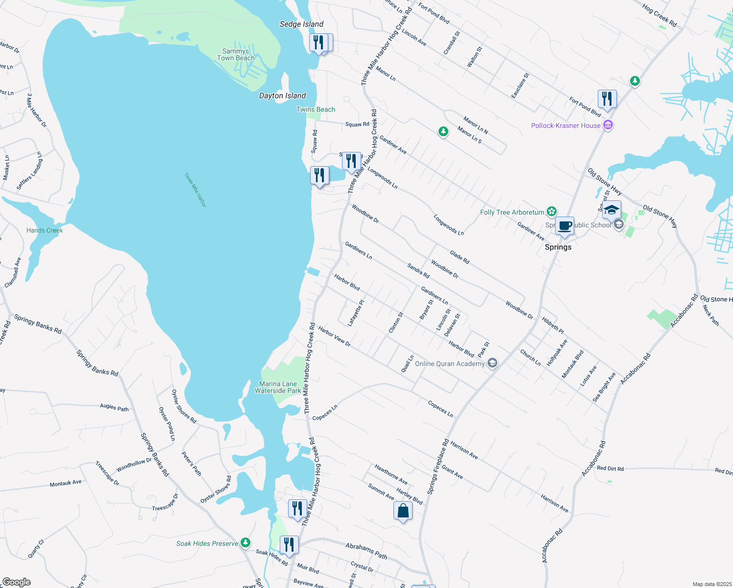 map of restaurants, bars, coffee shops, grocery stores, and more near 2 Lafayette Place in East Hampton