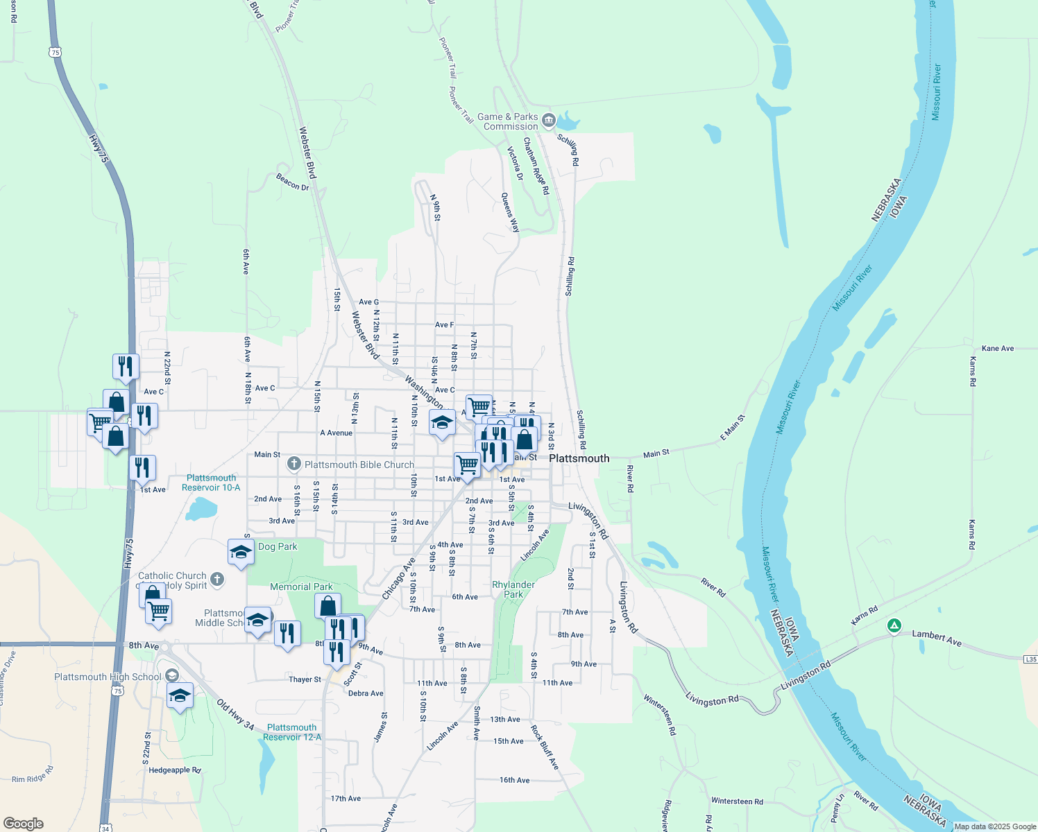 map of restaurants, bars, coffee shops, grocery stores, and more near 421 Avenue B in Plattsmouth