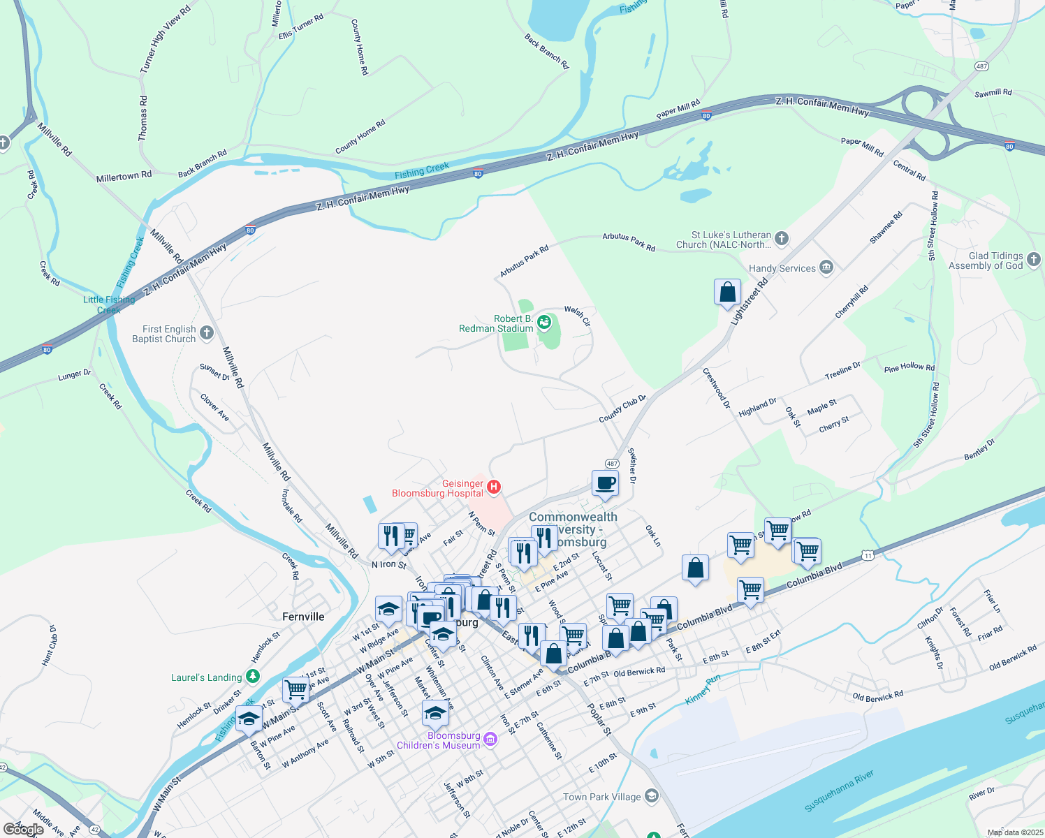 map of restaurants, bars, coffee shops, grocery stores, and more near 611 Country Club Dr in Bloomsburg