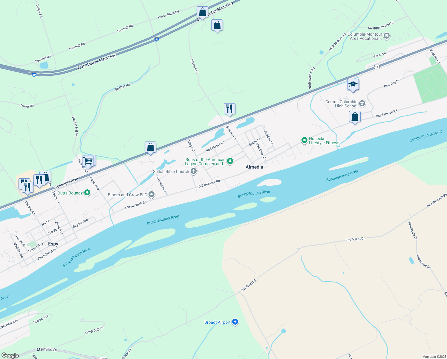 map of restaurants, bars, coffee shops, grocery stores, and more near 3598 Old Berwick Rd in Bloomsburg