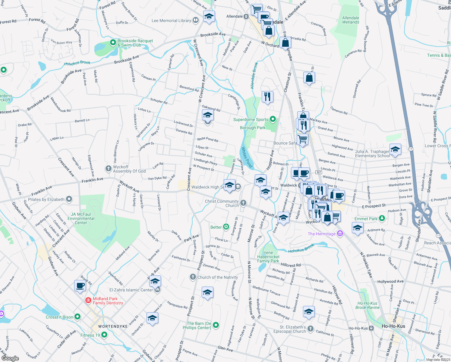map of restaurants, bars, coffee shops, grocery stores, and more near 1 Idalane Street in Waldwick