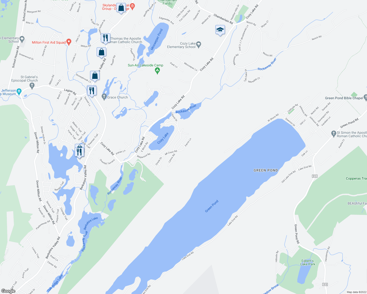 map of restaurants, bars, coffee shops, grocery stores, and more near 25 Ferris Lane in Jefferson