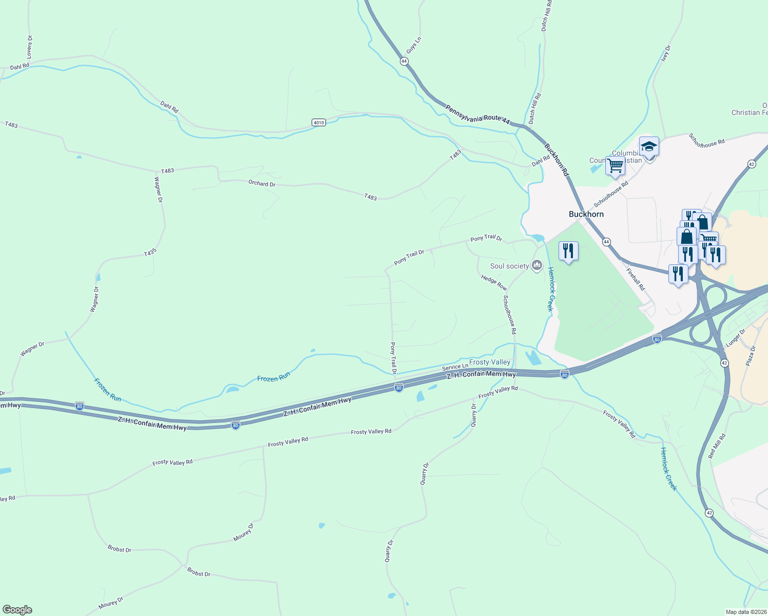 map of restaurants, bars, coffee shops, grocery stores, and more near 28 Pony Trail Dr in Bloomsburg