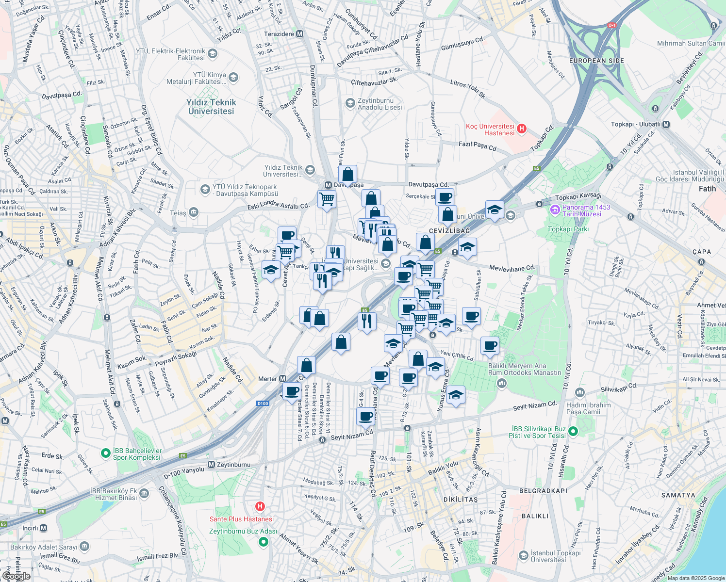 map of restaurants, bars, coffee shops, grocery stores, and more near 8 Cevizlibağ Köprüsü in Zeytinburnu