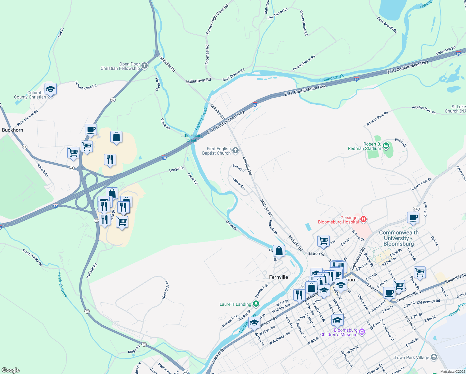 map of restaurants, bars, coffee shops, grocery stores, and more near 568 Sunset Drive in Bloomsburg