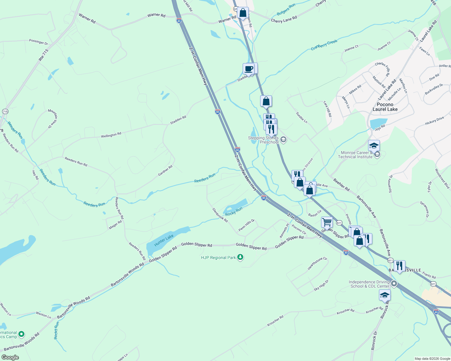 map of restaurants, bars, coffee shops, grocery stores, and more near 172-182 High Point Drive in Bartonsville