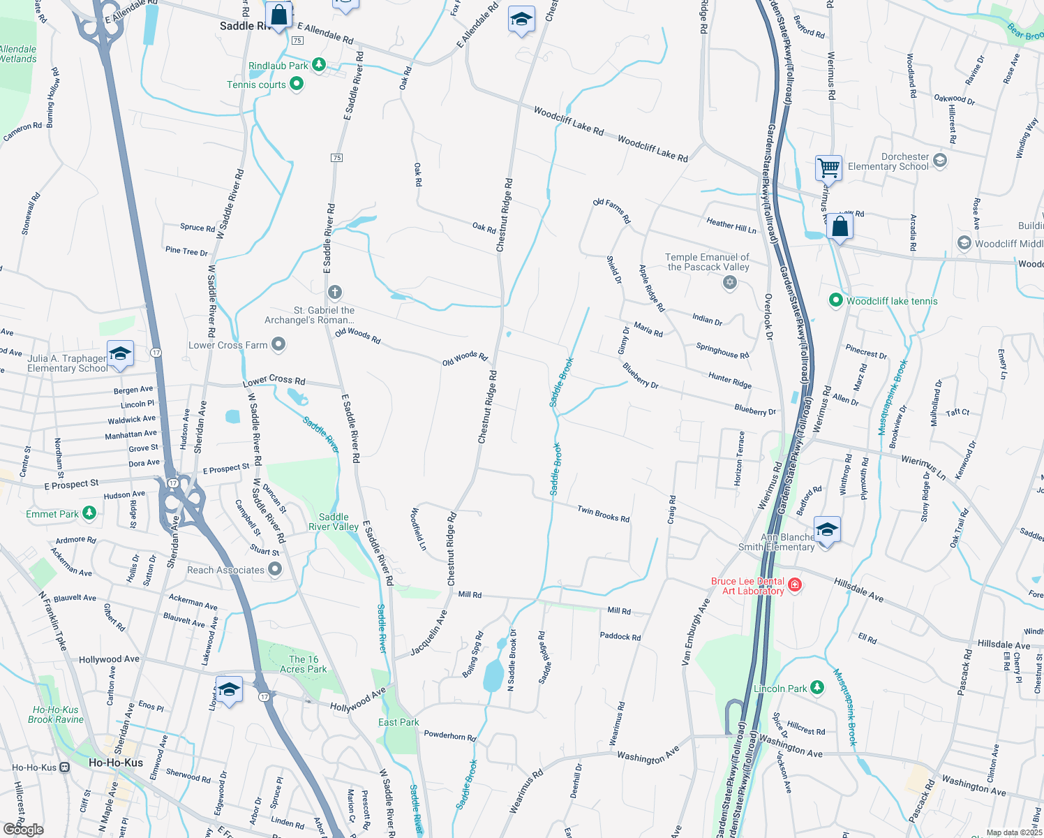 map of restaurants, bars, coffee shops, grocery stores, and more near 6 Lookout Drive in Saddle River